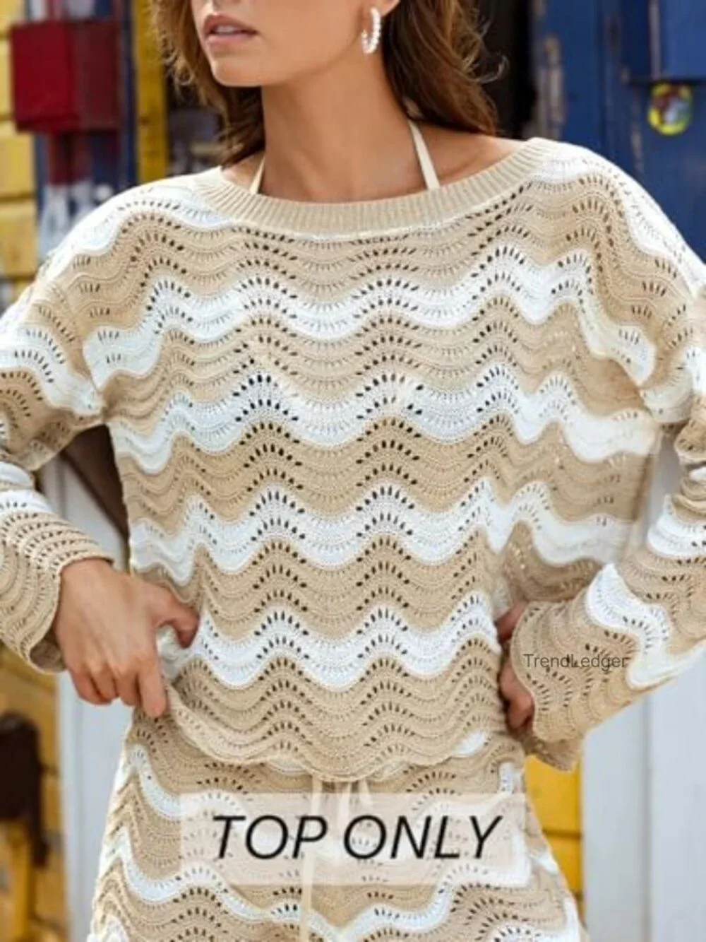 Women's Crochet Cover Up Long Sleeve Striped Beach Top for Swimwear